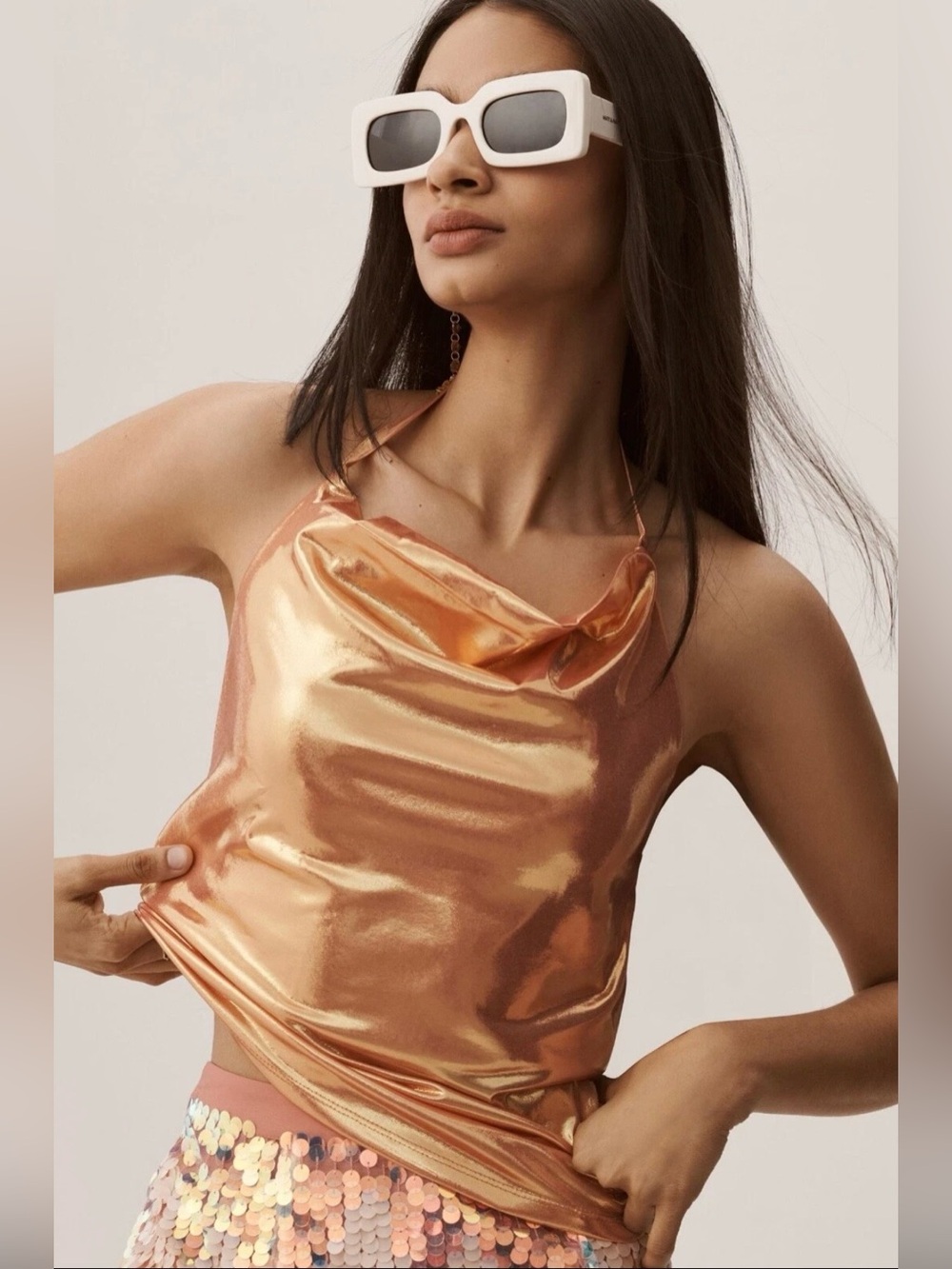 Like New - By Anthropologie Metallic Rose Gold Cowl Neck Halter Top XL festival